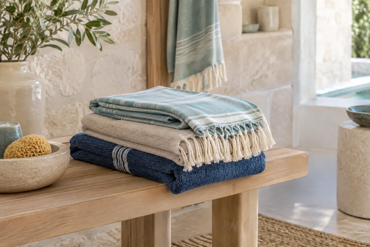 Serviette de plage, fouta et drap de hammam pliés sur un banc