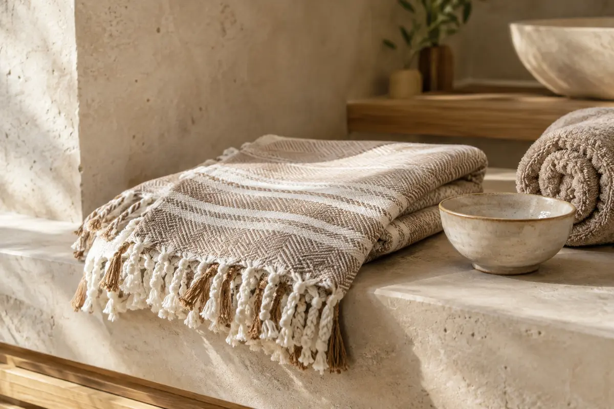 Drap de hammam tissé plié sur une banquette de pierre claire