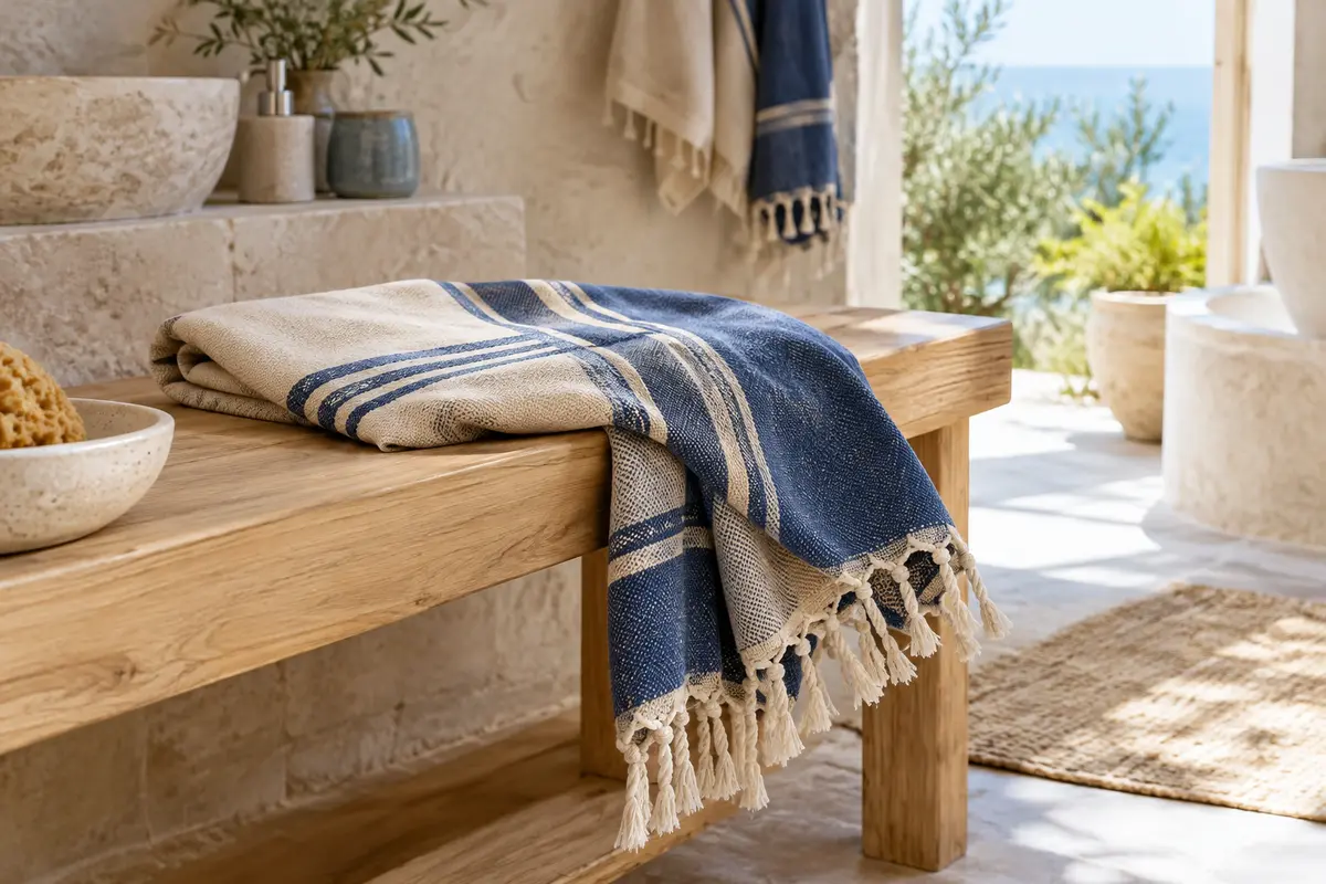 Fouta tissée aux franges visibles posée sur un banc en bois