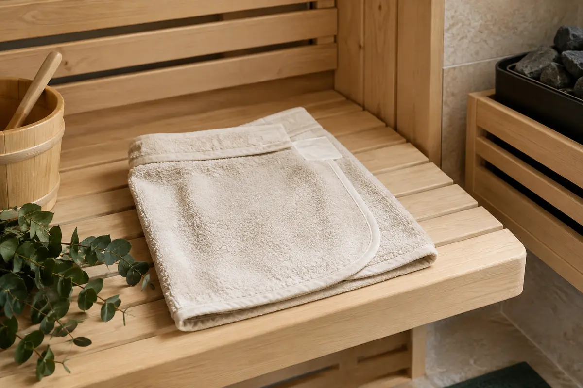 Kilt de sauna plié avec sa fermeture visible sur un banc en bois