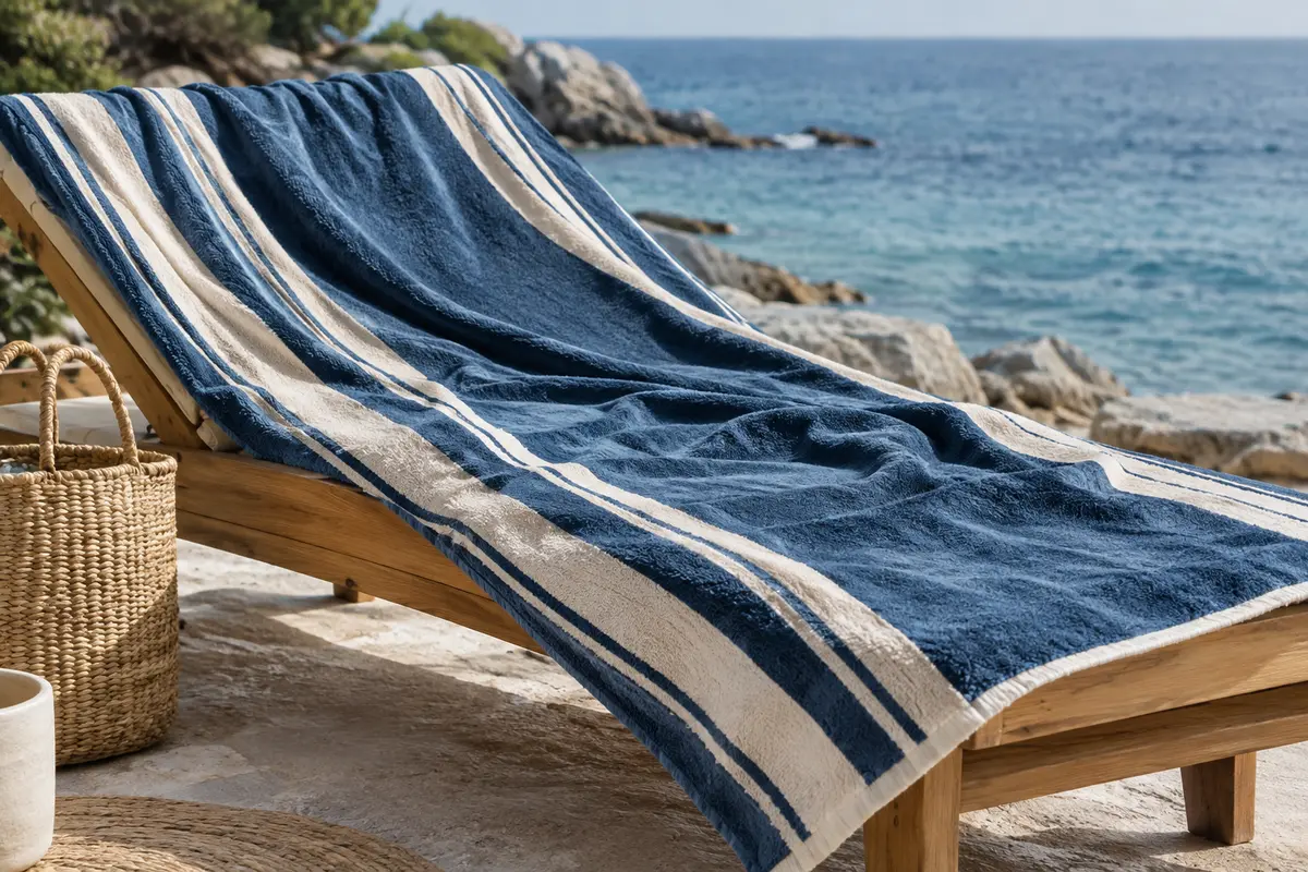 Grande serviette de plage étendue sur un transat en bois