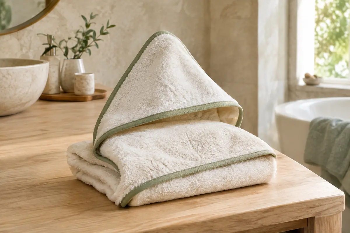 Cape de bain à capuche pliée sur une table en bois clair