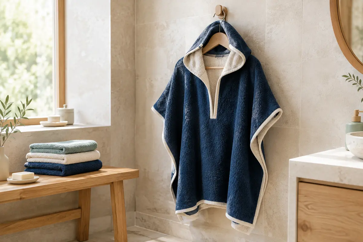 Poncho de bain à capuche suspendu dans une salle de bain claire
