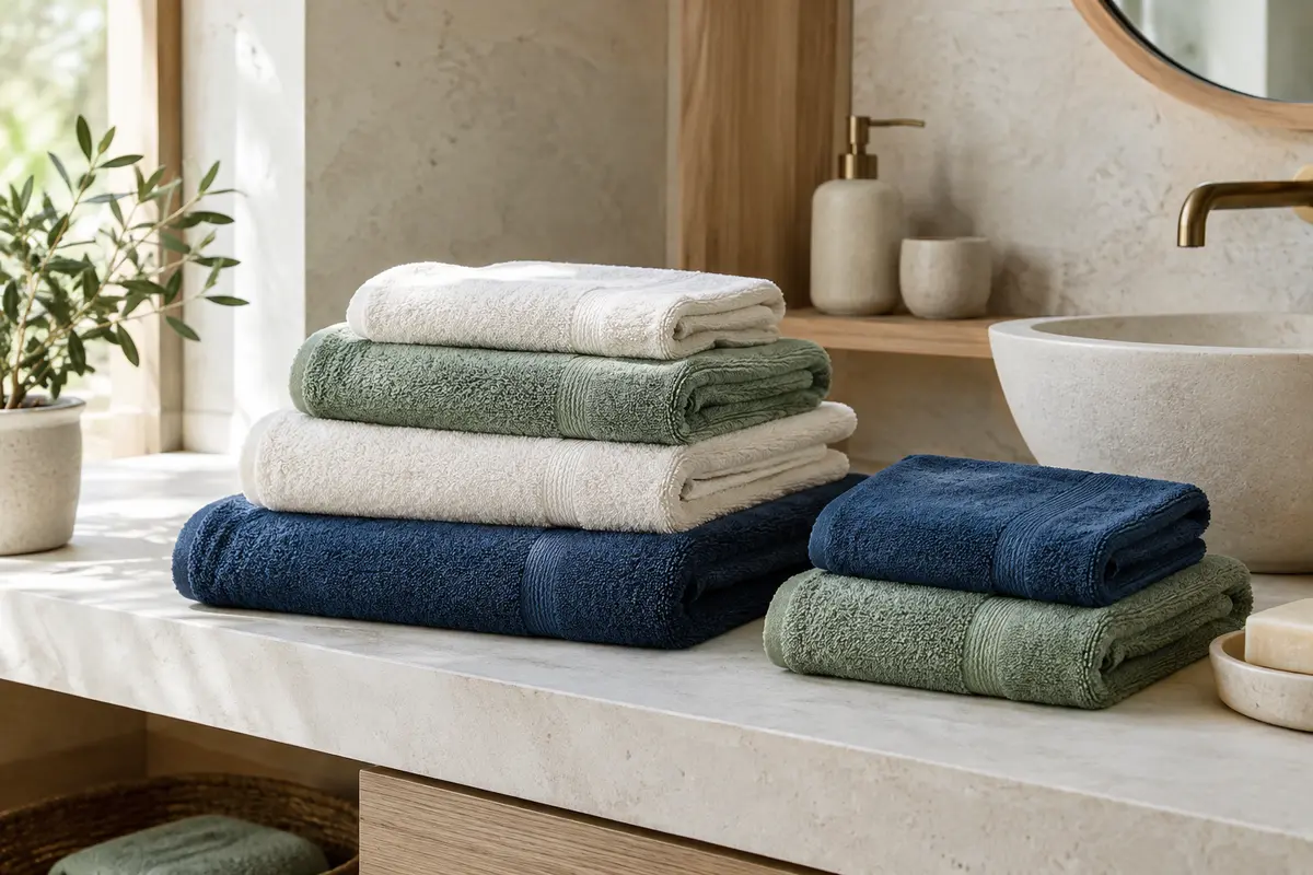 Serviettes et linge de toilette pliés dans une salle de bain claire