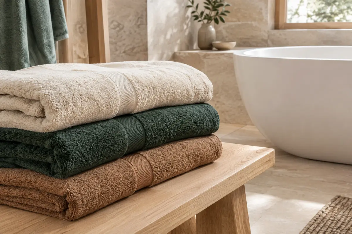 Grand drap de bain plié sur un banc en bois clair