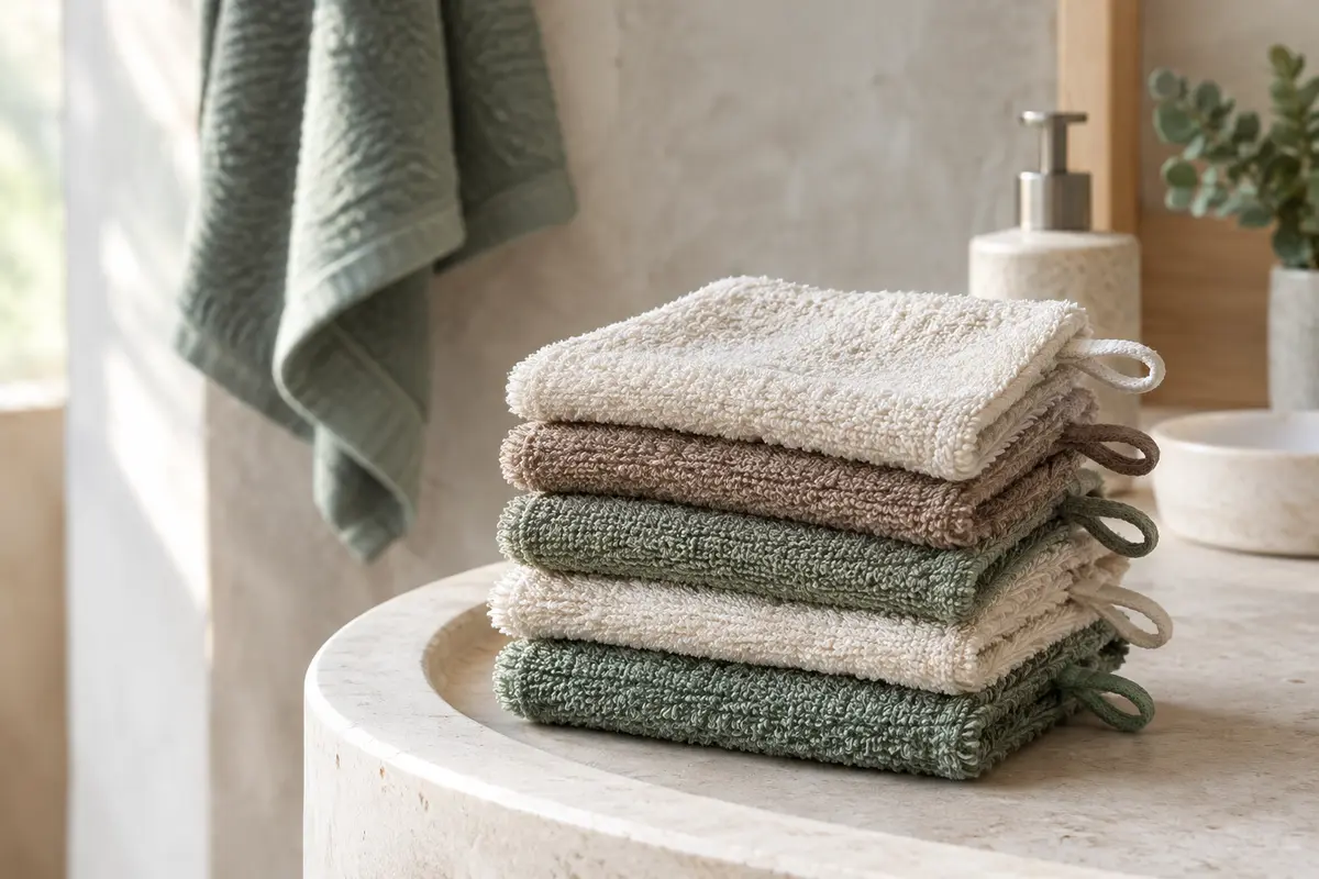Gants de toilette texturés pliés sur une vasque en pierre claire