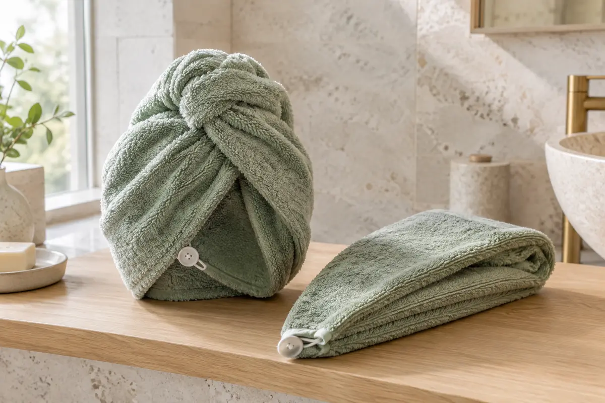Serviette cheveux en turban posée sur une tablette en bois
