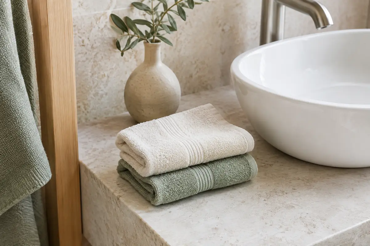Petites serviettes invité pliées près d’un lavabo en céramique