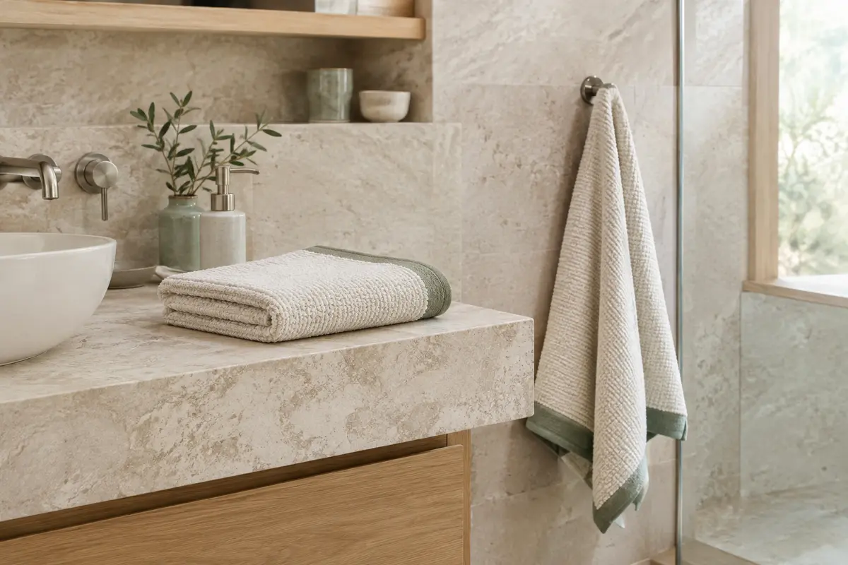 Serviettes de toilette en coton pliées près d’un lavabo en pierre