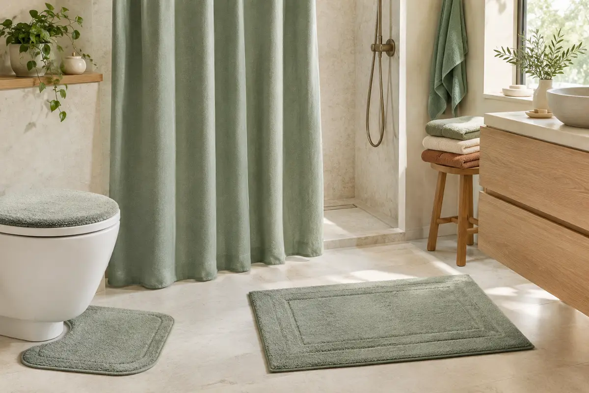 Tapis et textiles coordonnés dans une salle de bain lumineuse