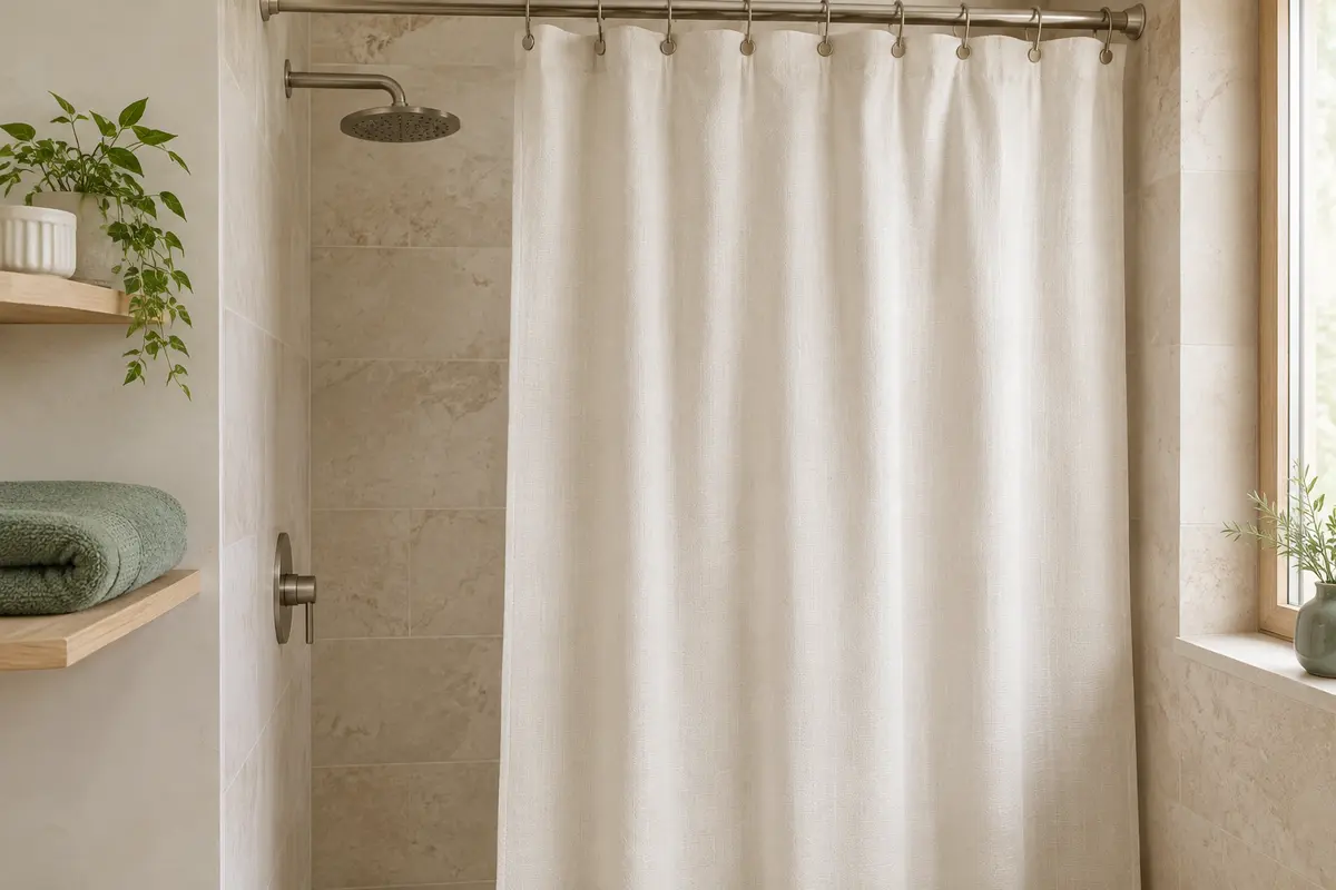 Rideau de douche textile écru dans une salle de bain lumineuse