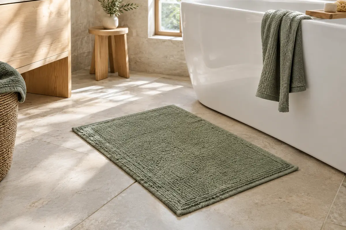 Tapis de bain rectangulaire posé près d’une baignoire blanche