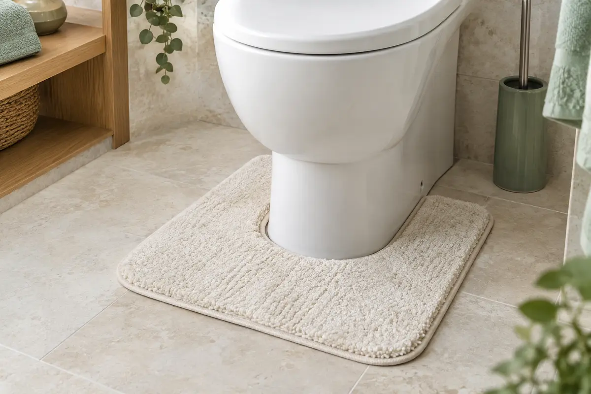 Tapis contour WC écru autour d’un sanitaire dans une pièce claire