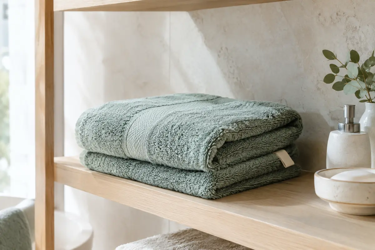 Serviette de bain pliée près d’une étiquette textile neutre dans une salle de bain claire