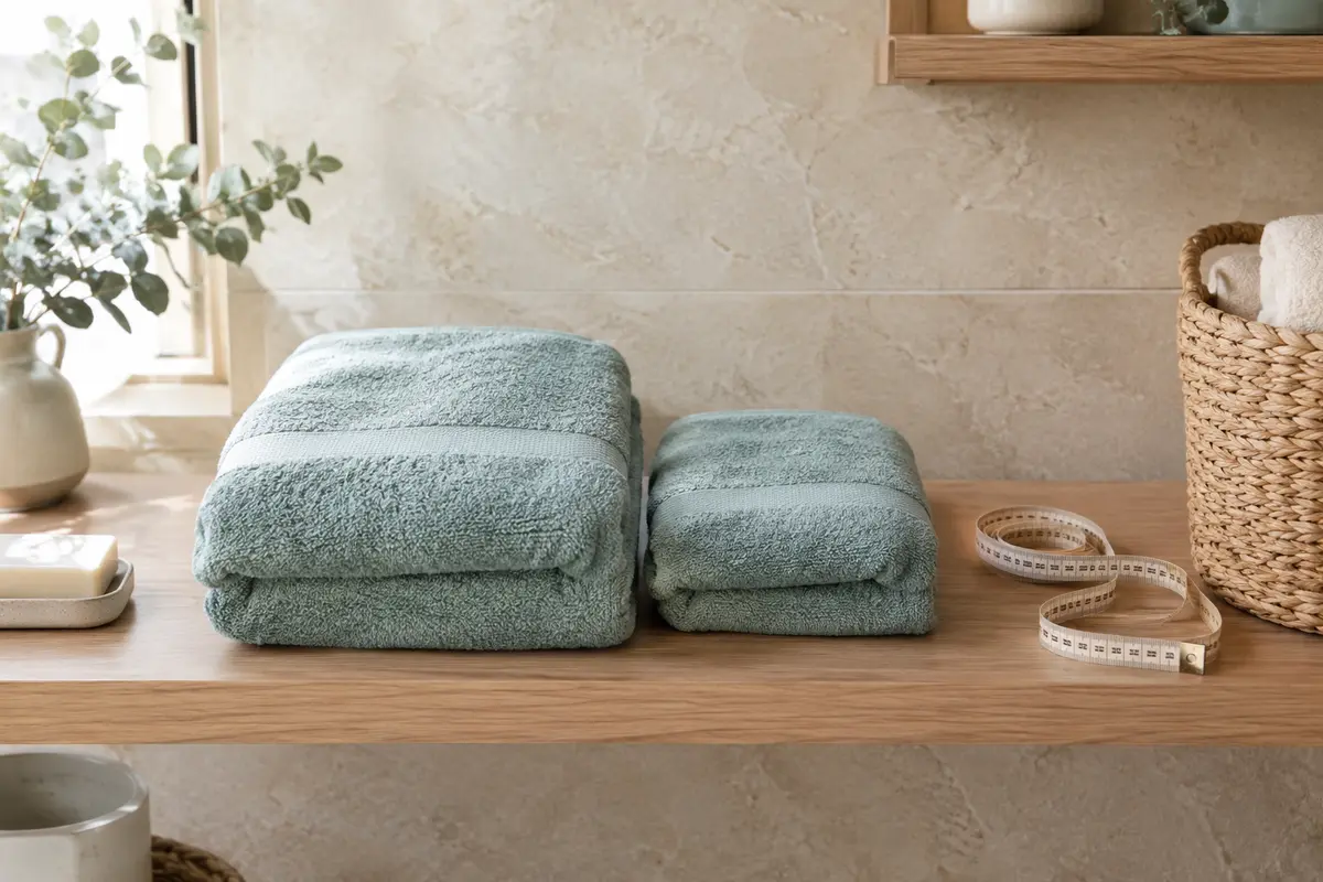 Deux draps de bain pliés de tailles différentes à côté d’un mètre ruban sur une étagère.