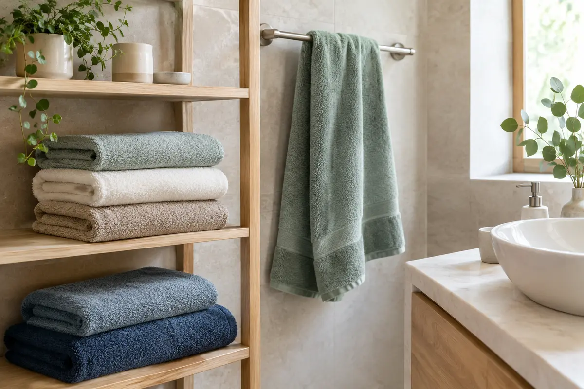 Serviettes de toilette en coton pliées et suspendues dans une salle de bain lumineuse