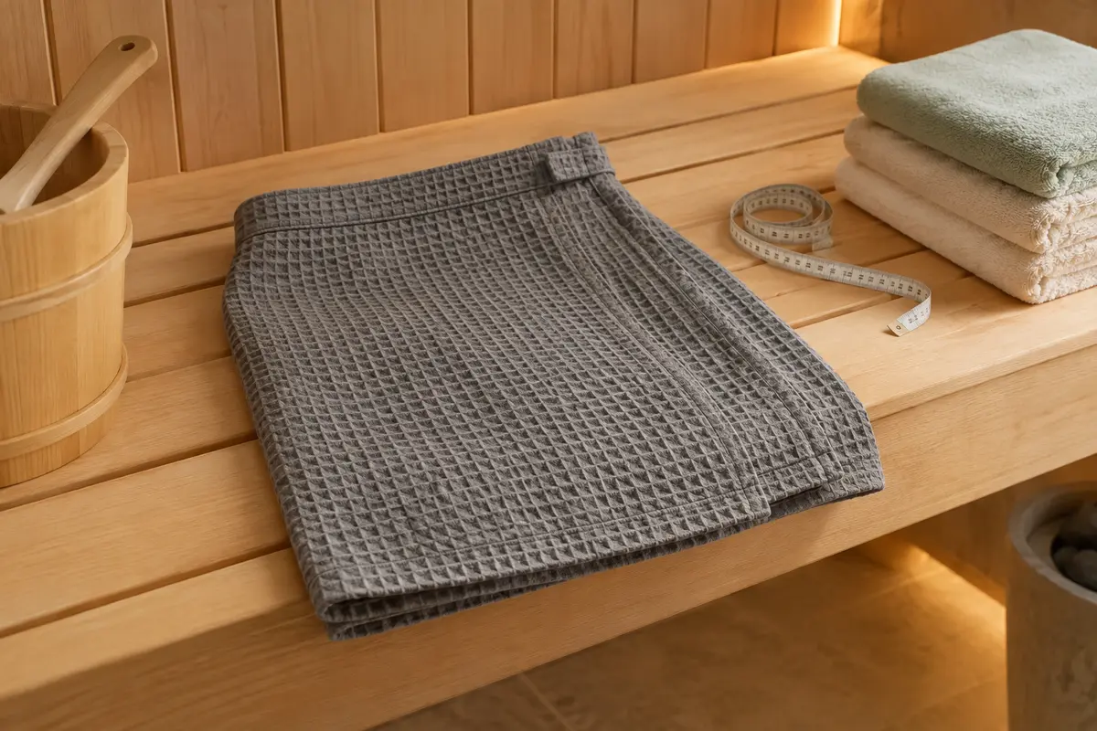 Kilt de sauna gris plié sur un banc en bois, avec un mètre ruban et des serviettes.