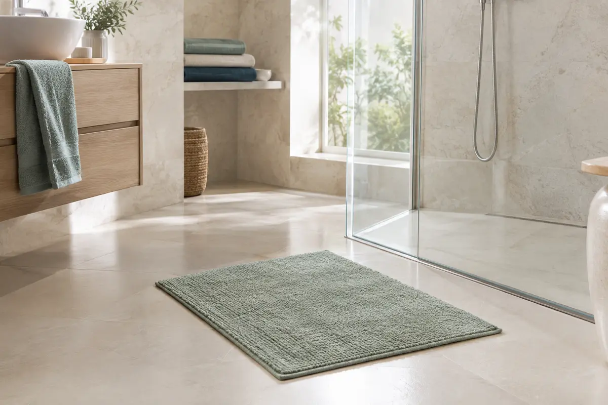 Tapis de bain posé à plat sur un carrelage lisse, près de la sortie d’une douche