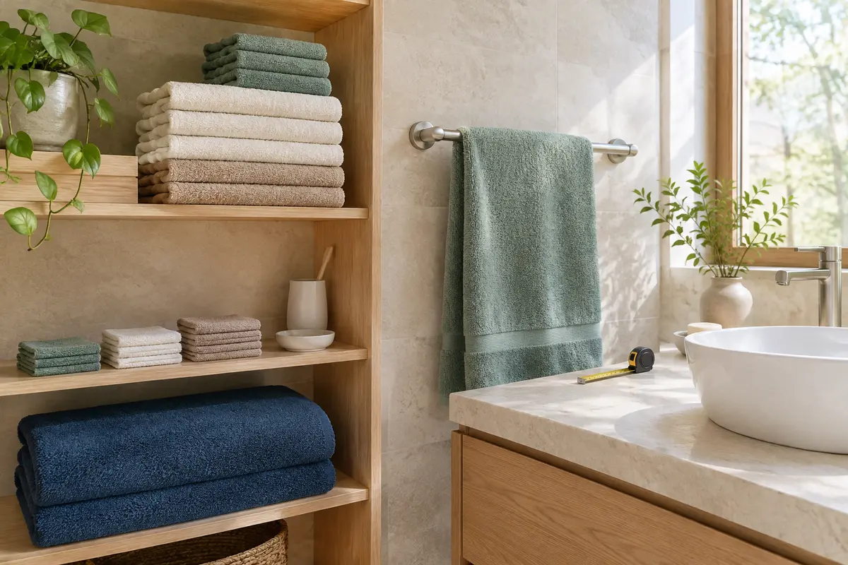 Serviettes de bain pliées en plusieurs formats, des petites pièces pour le lavabo au grand drap de bain.