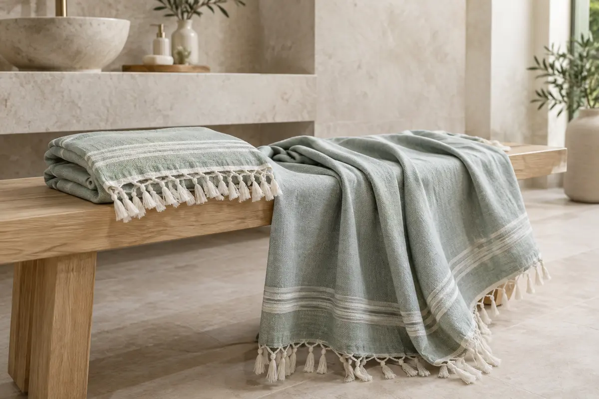 Drap de hammam plié et déployé sur un banc de spa, montrant son format et son tissage.