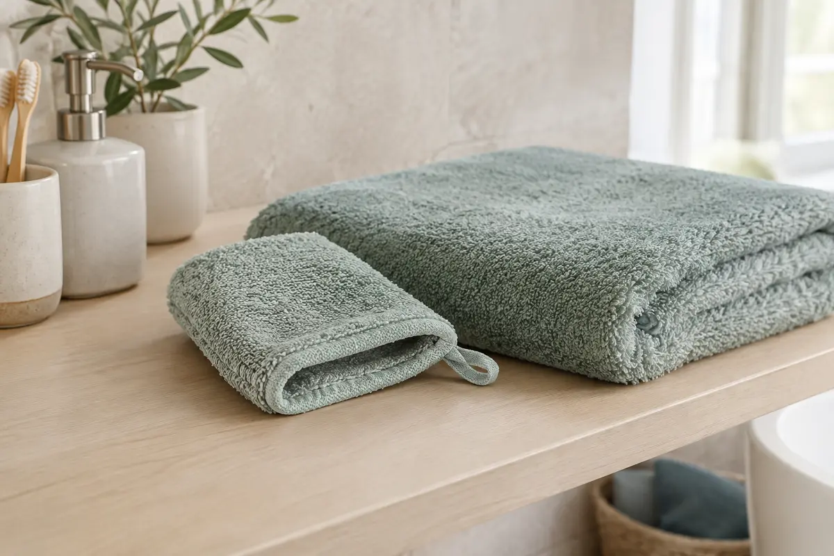 Un gant de toilette en bouclette posé à côté d’une serviette unie dans une salle de bain.