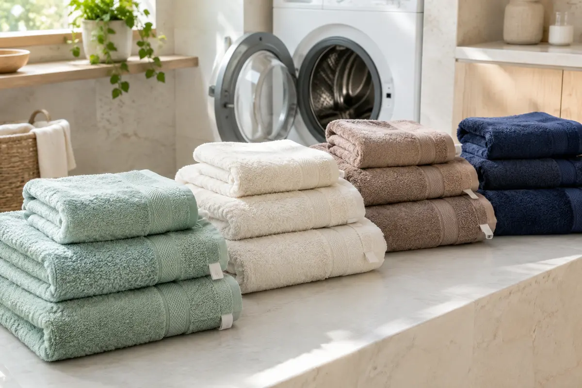Serviettes neuves triées par couleur avant un premier lavage dans une salle de lavage lumineuse.