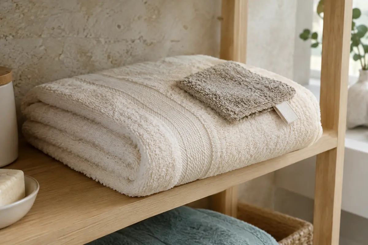 Serviette de bain pliée et détail de tissu éponge illustrant l’examen de la composition textile