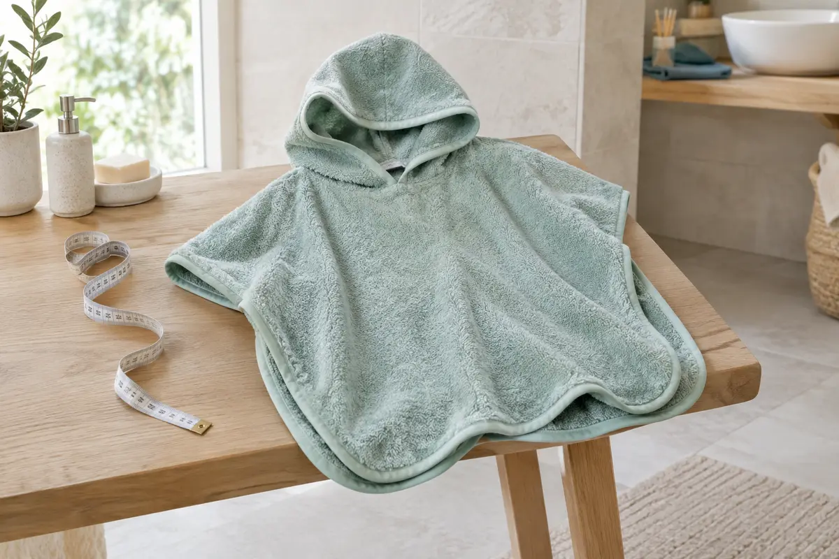 Poncho de bain pour enfant posé près d’un mètre ruban pour comparer sa longueur et sa coupe.