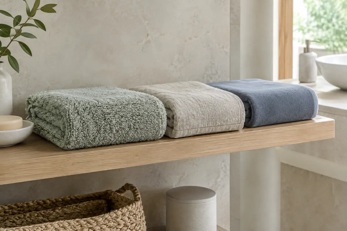 Trois serviettes pliées aux textures différentes dans une salle de bain claire