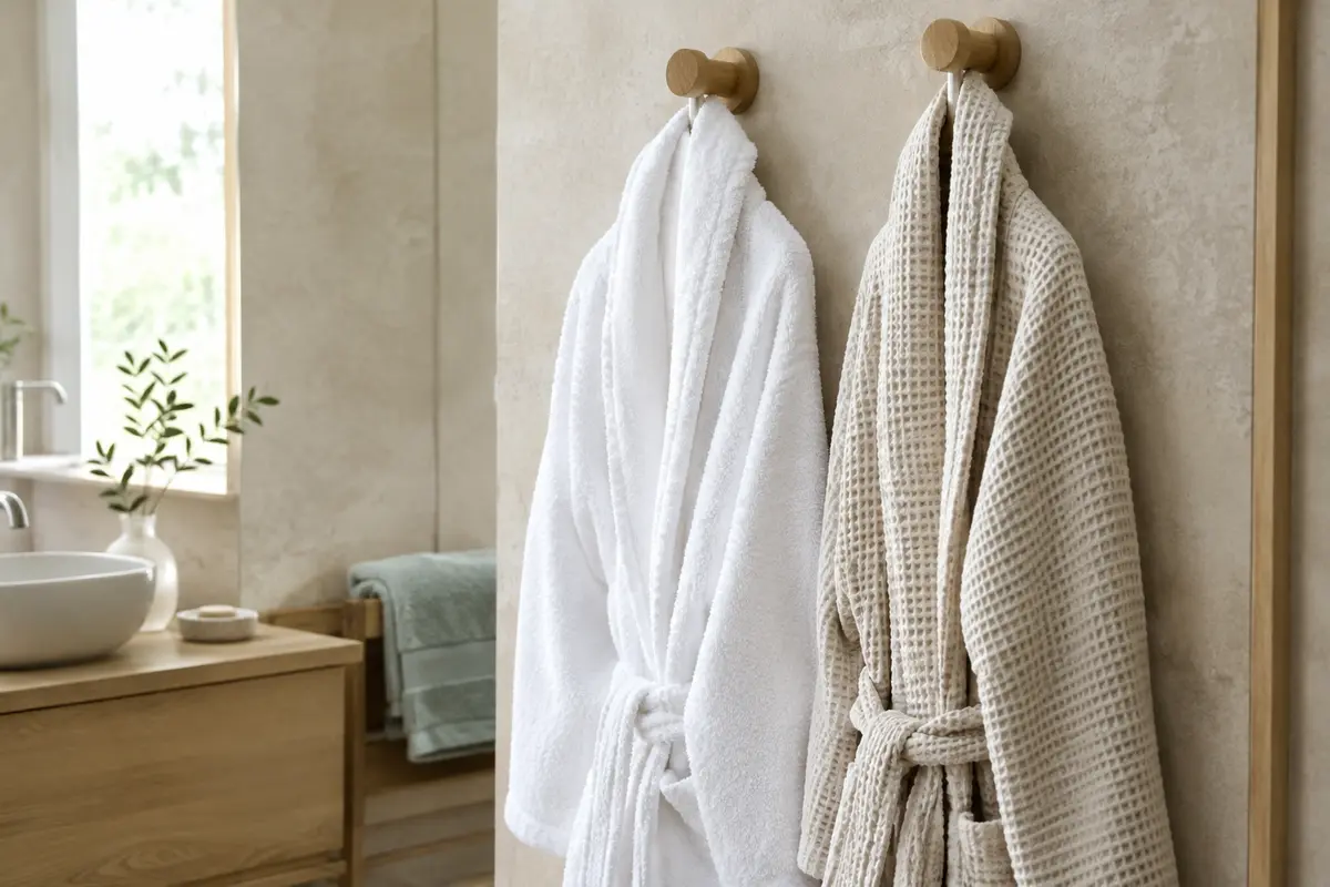 Deux peignoirs côte à côte, l’un en coton éponge et l’autre en coton gaufré, dans une salle de bain claire.