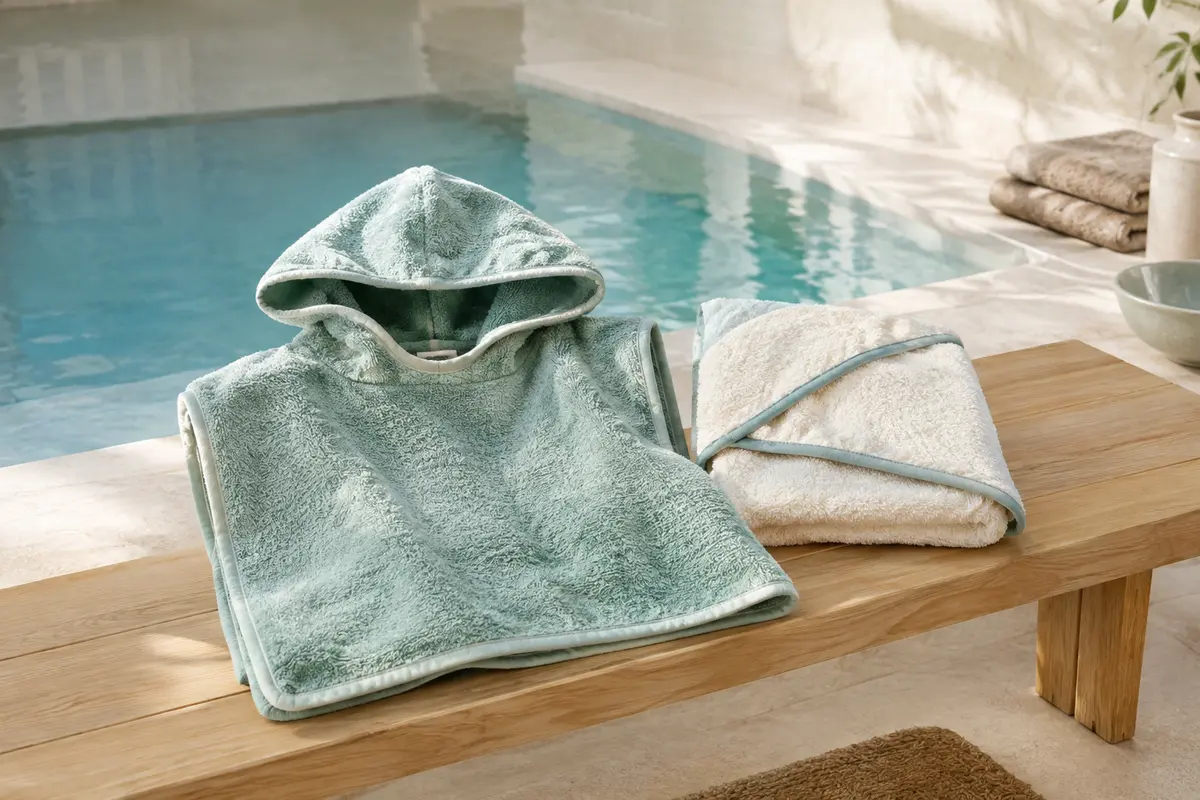 Poncho de bain à capuche et cape carrée pliés côte à côte près d’une piscine