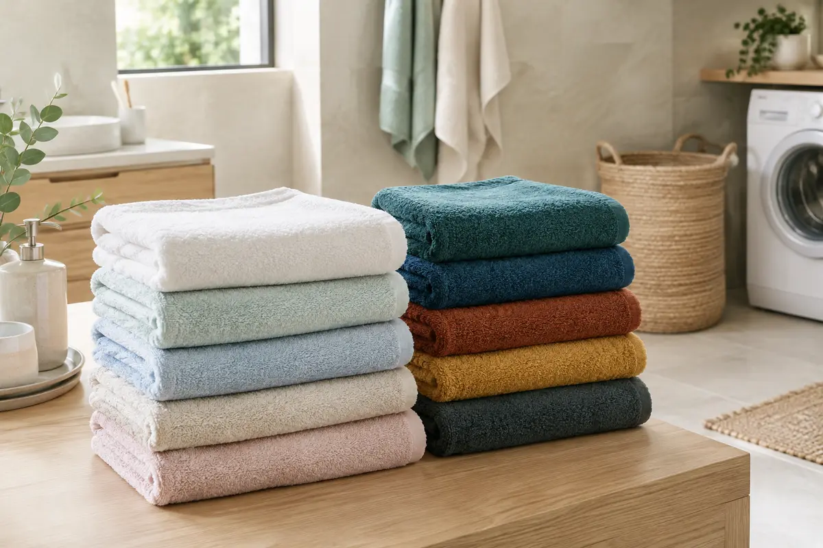 Serviettes de bain triées par couleurs, des tons clairs séparés des teintes foncées avant lavage.