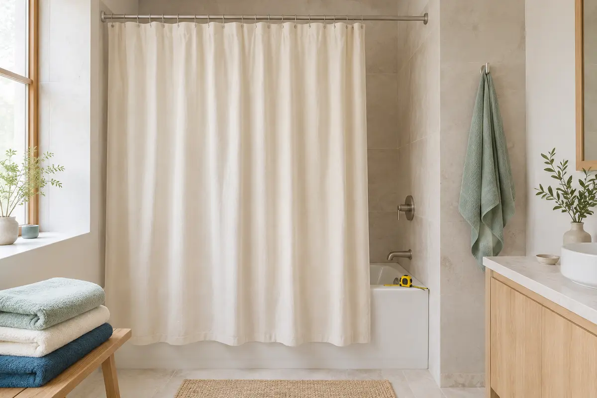 Rideau de douche textile écru suspendu à une barre, avec son ourlet dégagé du sol