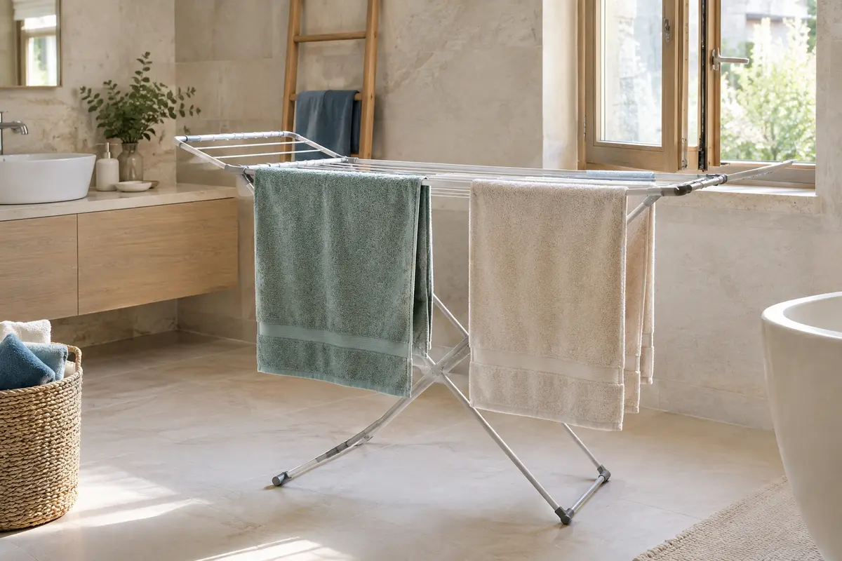 Serviettes espacées sur un étendoir près d’une fenêtre entrouverte dans une salle de bain claire.