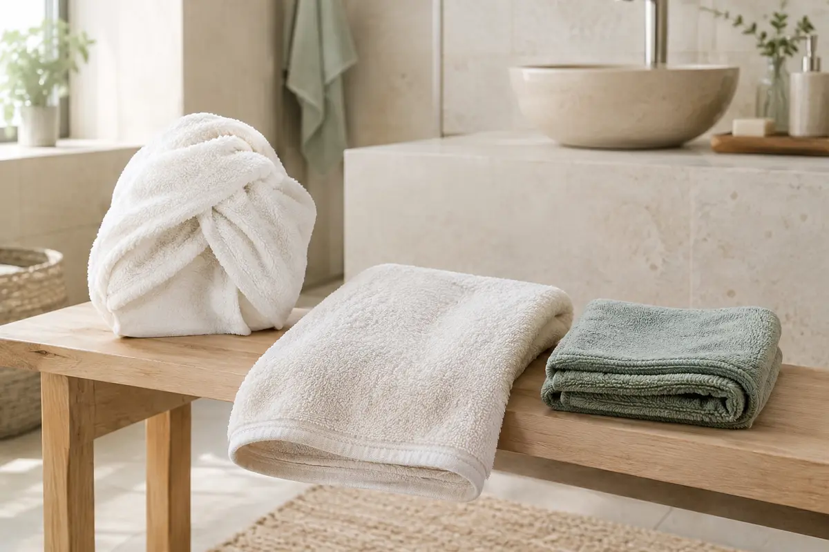 Turban, serviette classique et modèle en microfibre présentés côte à côte dans une salle de bain.