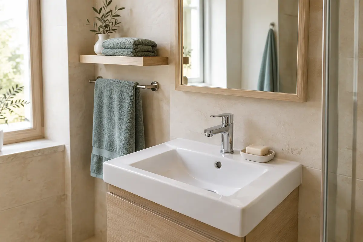 Serviette d’invité pliée près d’un lavabo compact, avec le plan de toilette dégagé