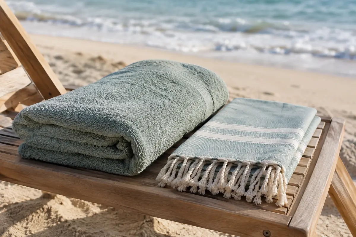 Serviette de plage en éponge et fouta pliée côte à côte près du sable.