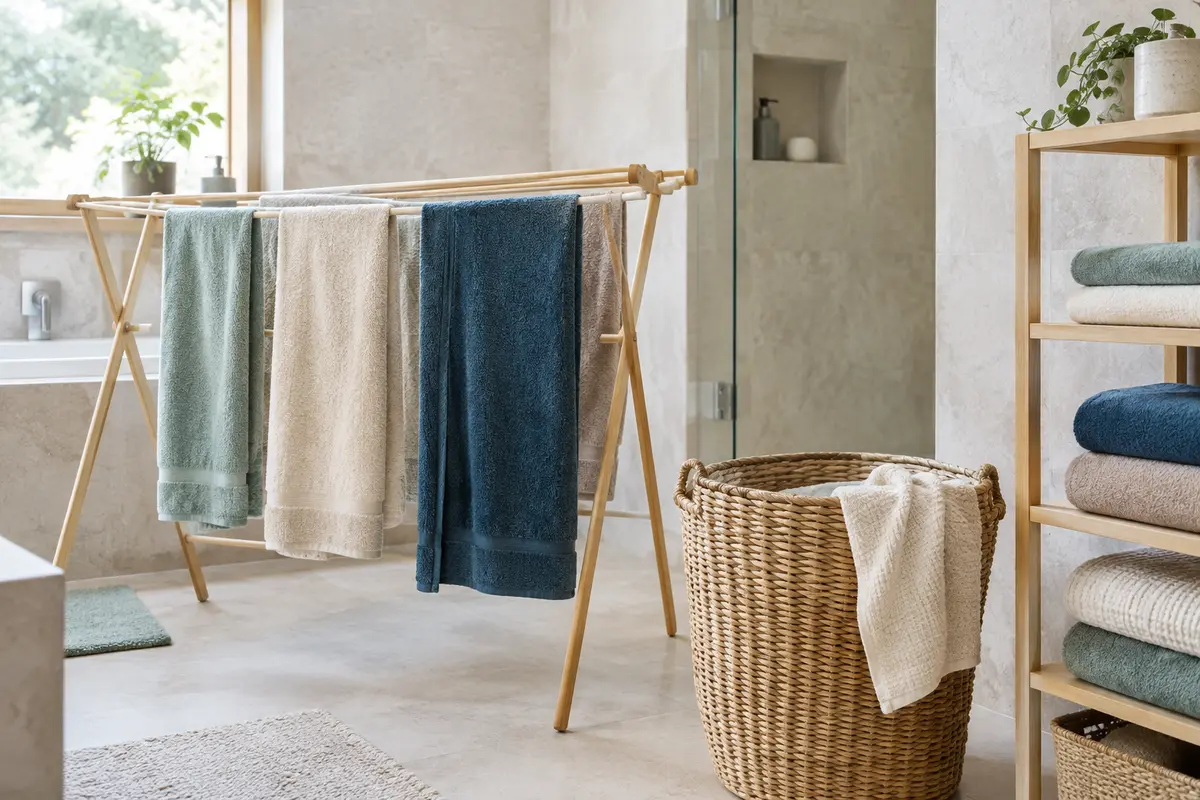 Serviettes de bain suspendues avec de l’espace pour sécher, près d’un panier à linge ouvert.
