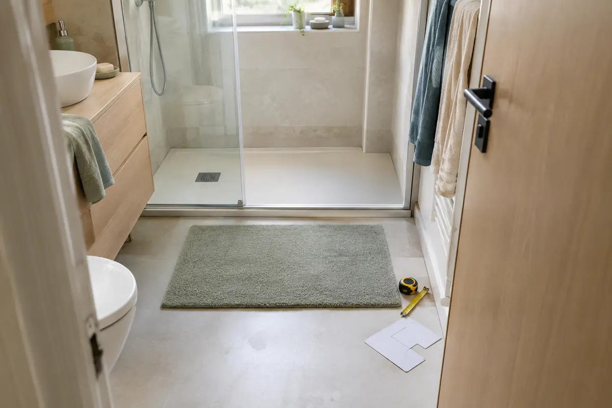 Tapis rectangulaire devant une douche, avec porte entrouverte et mètre ruban pour vérifier l’espace.