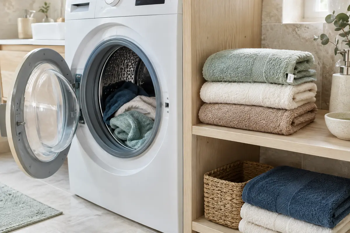Serviettes de coton triées près d’une machine à laver, avec une étiquette textile visible