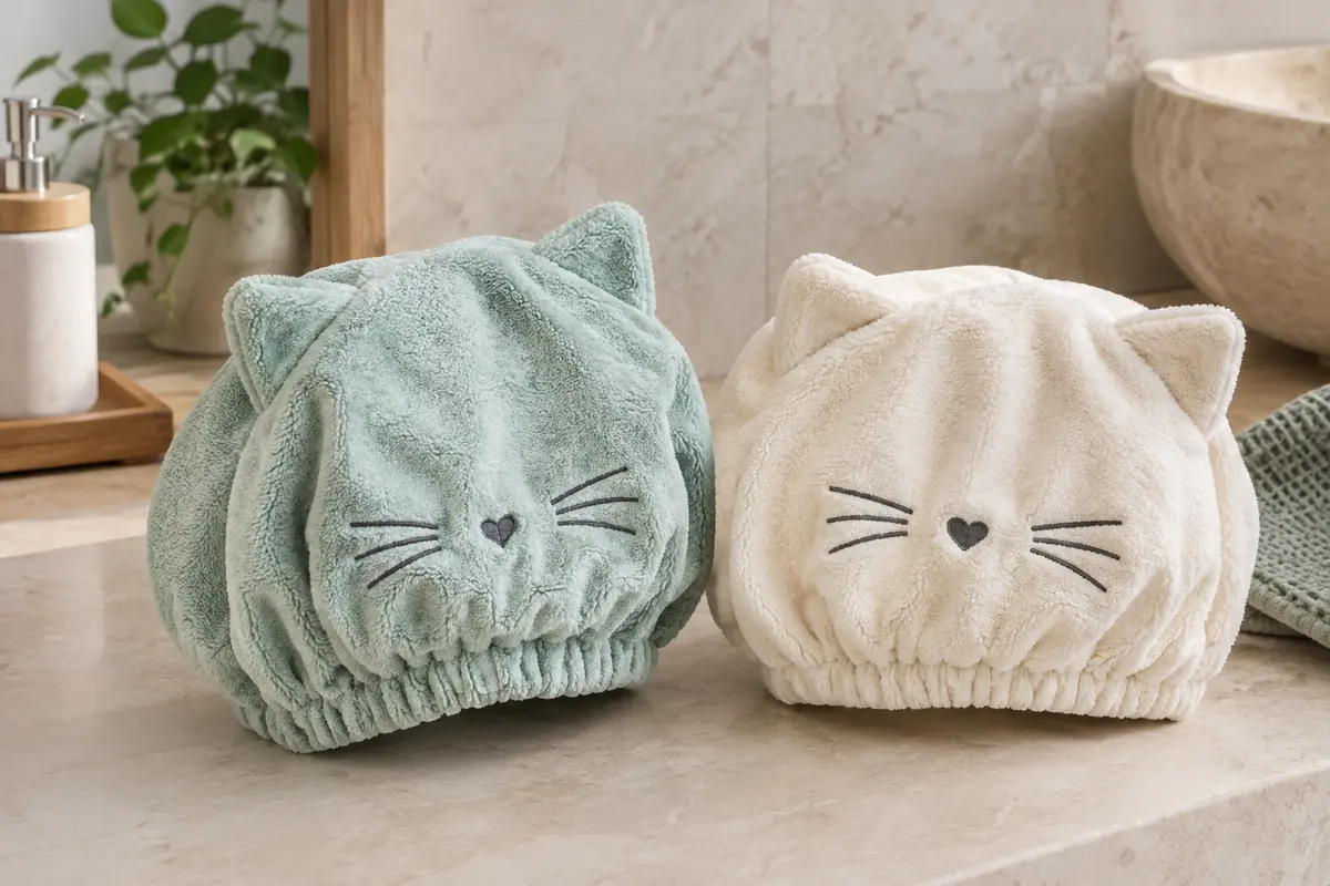 Deux bonnets-serviettes en microfibre avec oreilles et moustaches de chat, posés dans une salle de bain lumineuse