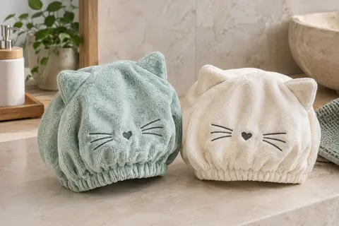 Deux bonnets-serviettes en microfibre avec oreilles et moustaches de chat, posés dans une salle de bain lumineuse