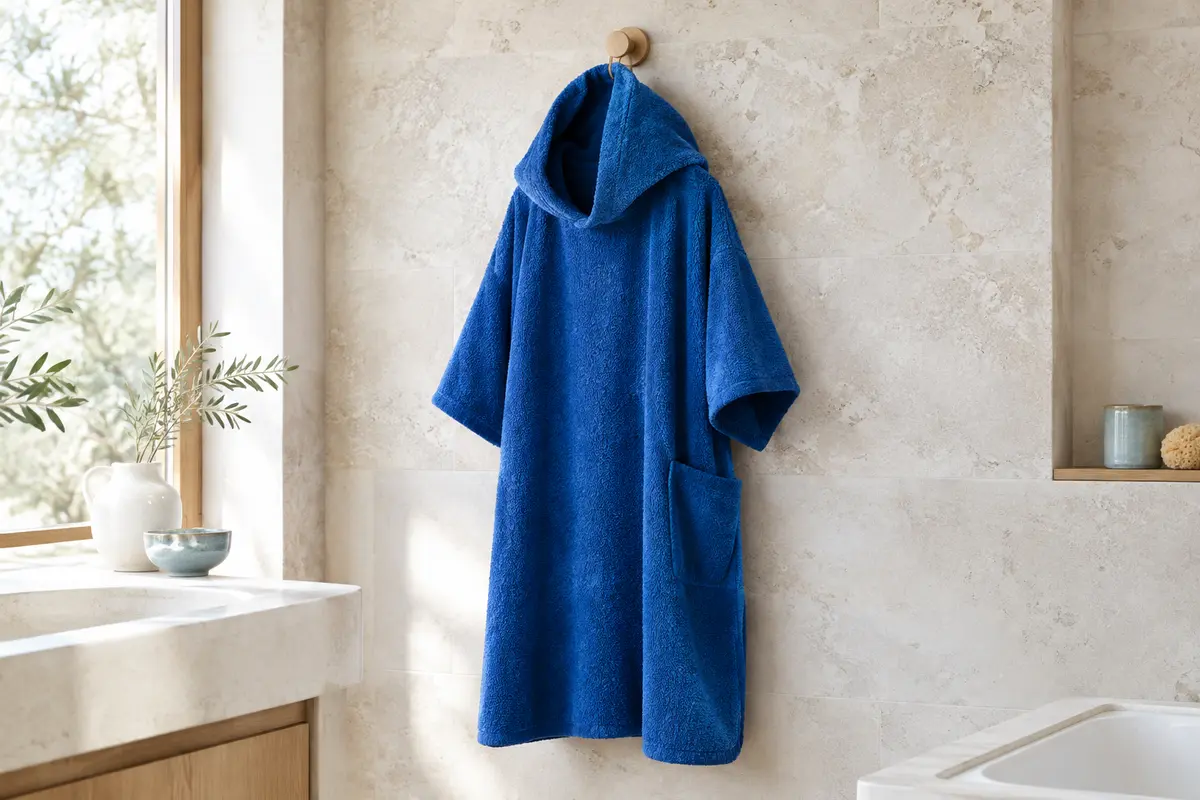 Poncho de bain adulte bleu roi en coton éponge, avec capuche et poche latérale, suspendu dans une salle de bain