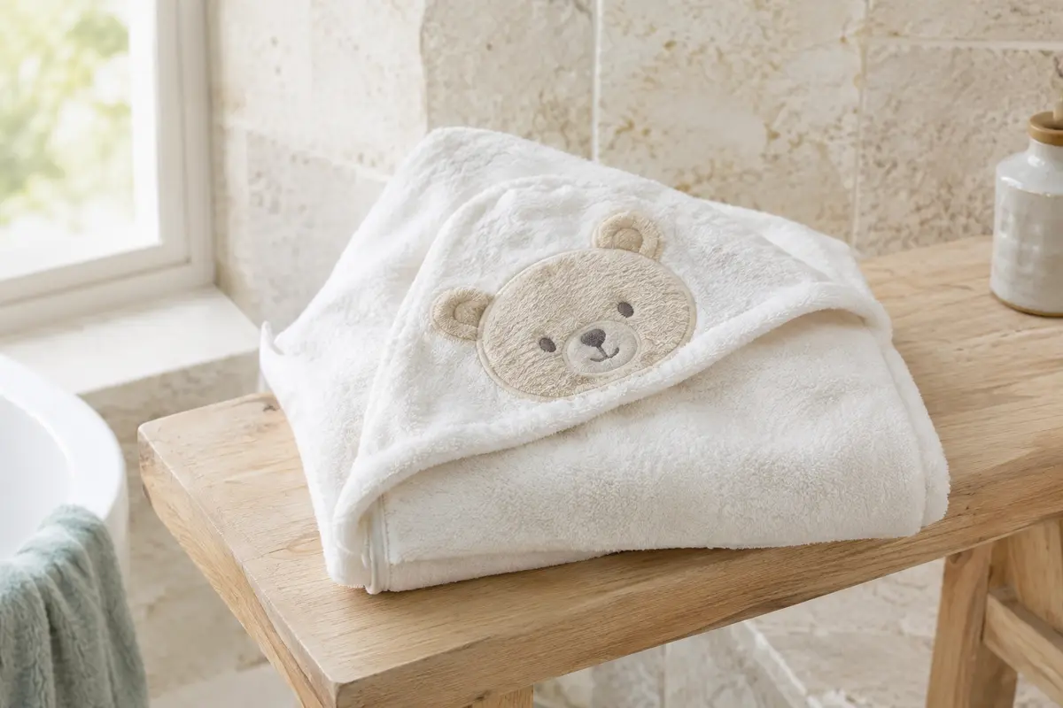 Cape de bain bébé blanche en polaire corail, pliée avec sa capuche et son motif d’ours.
