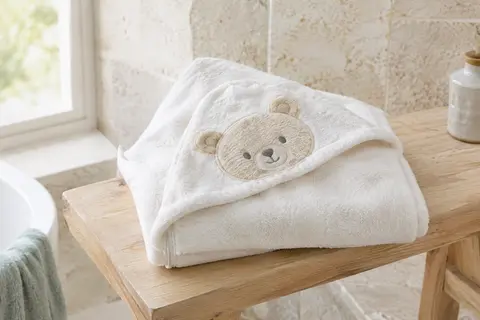 Cape de bain bébé blanche en polaire corail, pliée avec sa capuche et son motif d’ours.