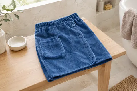 Kilt de sauna bleu en microfibre plié sur un banc en bois blond dans une salle de bain claire