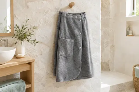 Kilt de sauna en coton gris suspendu dans une salle de bain claire, avec boutons-pression et poche visibles.