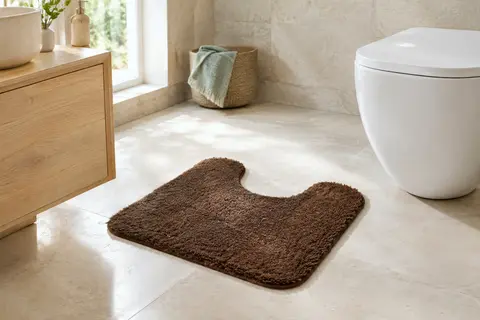 Tapis contour WC en microfibre brun café posé à plat sur un sol de pierre claire dans une salle de bain lumineuse.