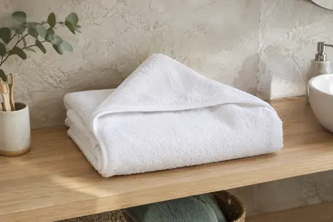 Cape de bain blanche pour bébé en coton éponge, pliée sur une étagère en bois clair dans une salle de bain lumineuse.