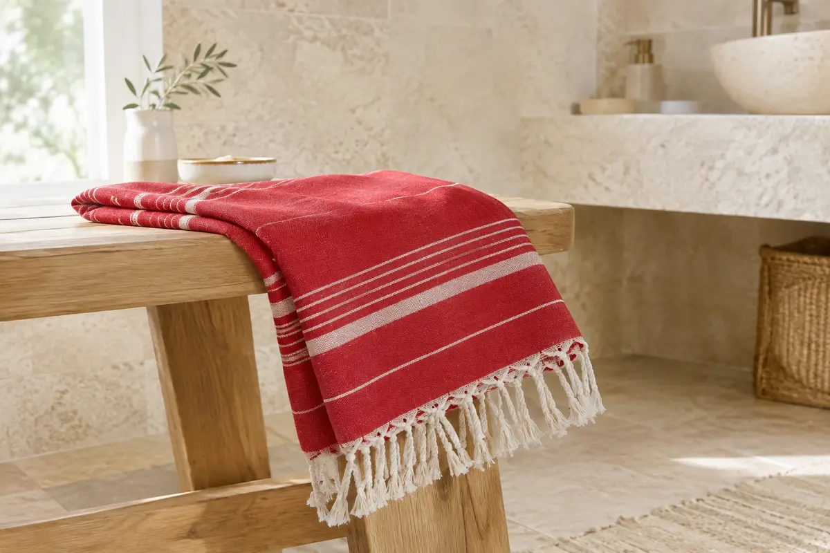 Fouta de plage en coton rouge à rayures, pliée sur un banc en bois clair dans une salle de bain lumineuse.